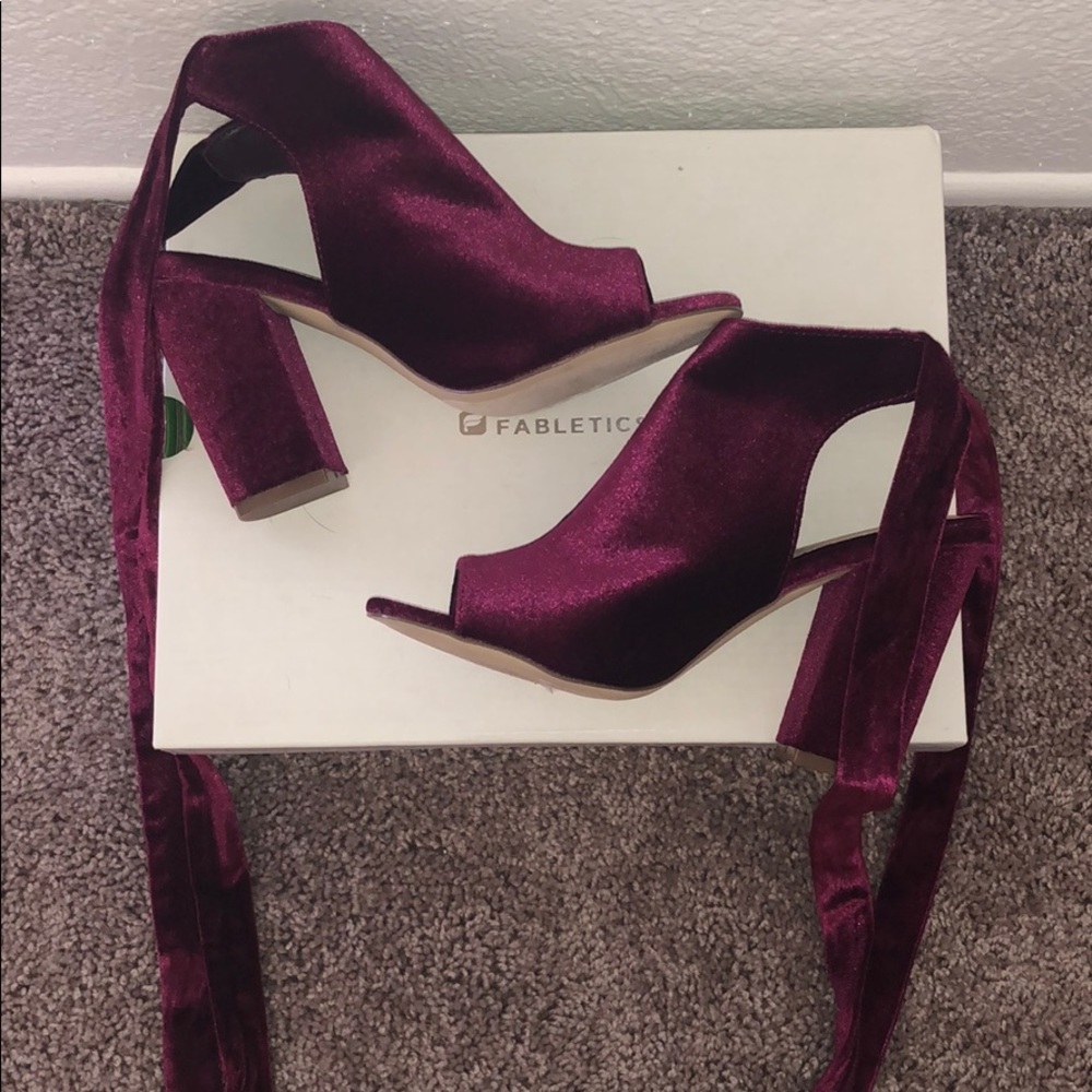 Burgundy suede tie up peep toed heels
